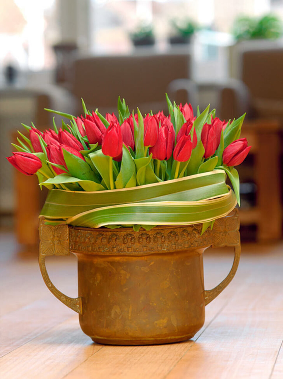 Røde tulipaner i metallpotte Røde tulipaner i metallpotte