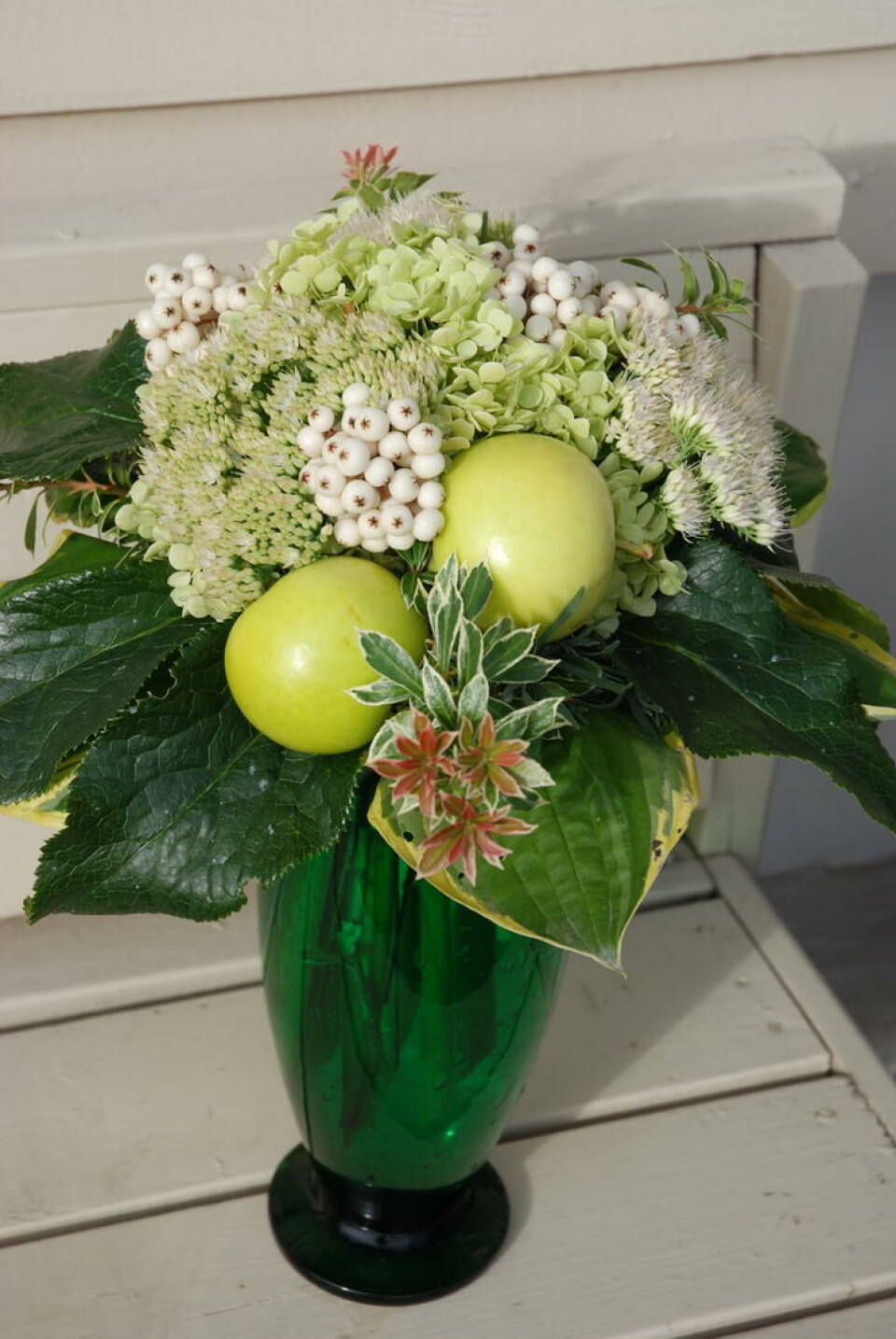 Epler, kvitrogn, pieris, hortensia og hvit oktoberbergknapp. Bukett med stauder