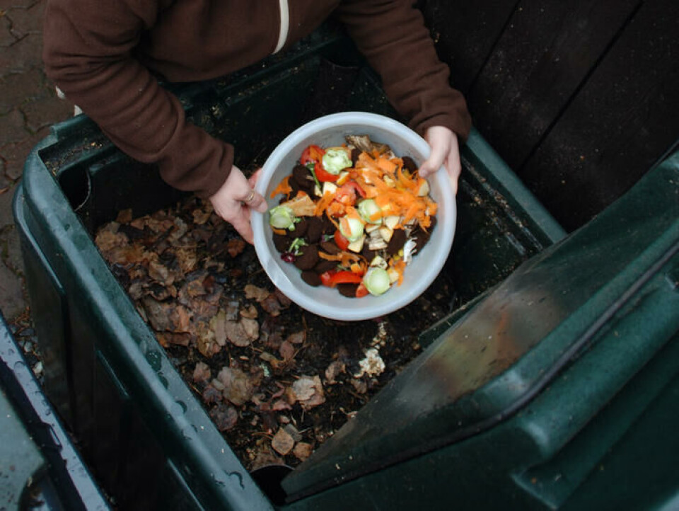 En plastbolle med dagens matavfall. Alle bitene er mindre enn et egg. En bolle full av matavfall på vei ned i varmkomposten.