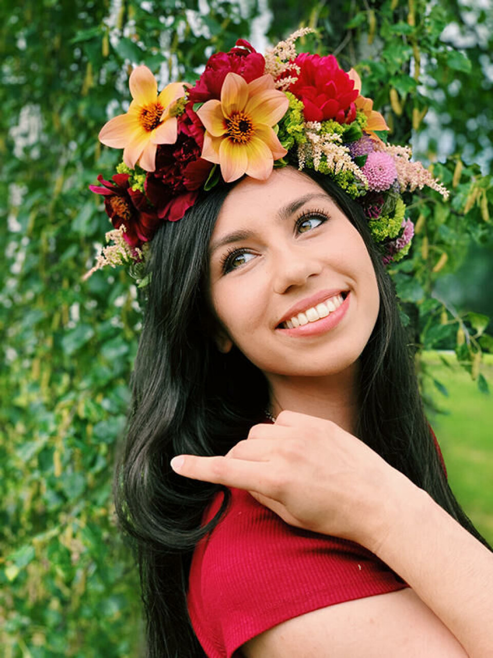 Blomsterkrone, perfekt til sommerfesten! Stor hårkrans med georginer i høstfarger