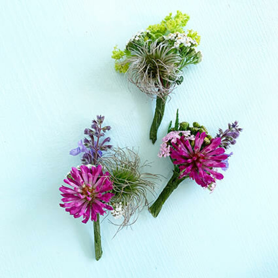 Små buketter klare til vinkling, fiksert med florateip. Små buketter klare til vinkling, fiksert med florateip.