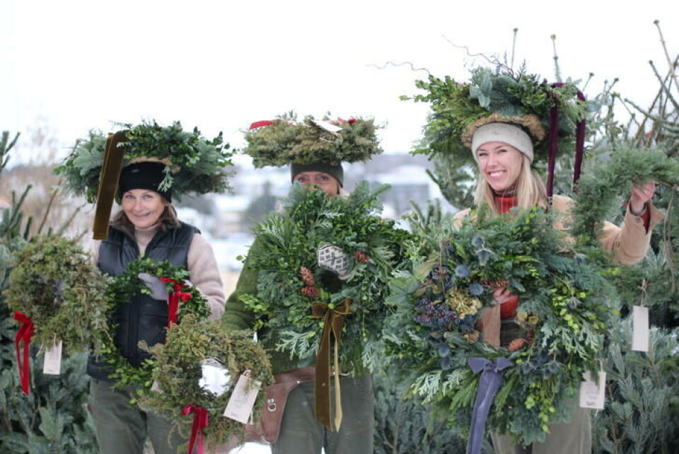 Kransemestre går selvfølgelig med kransekrone. Fra venstre: Pernille Slåtto, Elin Sandvold og Lisa Karlsen. Alle foto: Frøydis Gammelsæter De tre kranseproffene har på seg lekre julekranser på hodet og holder store kranser i hendene.