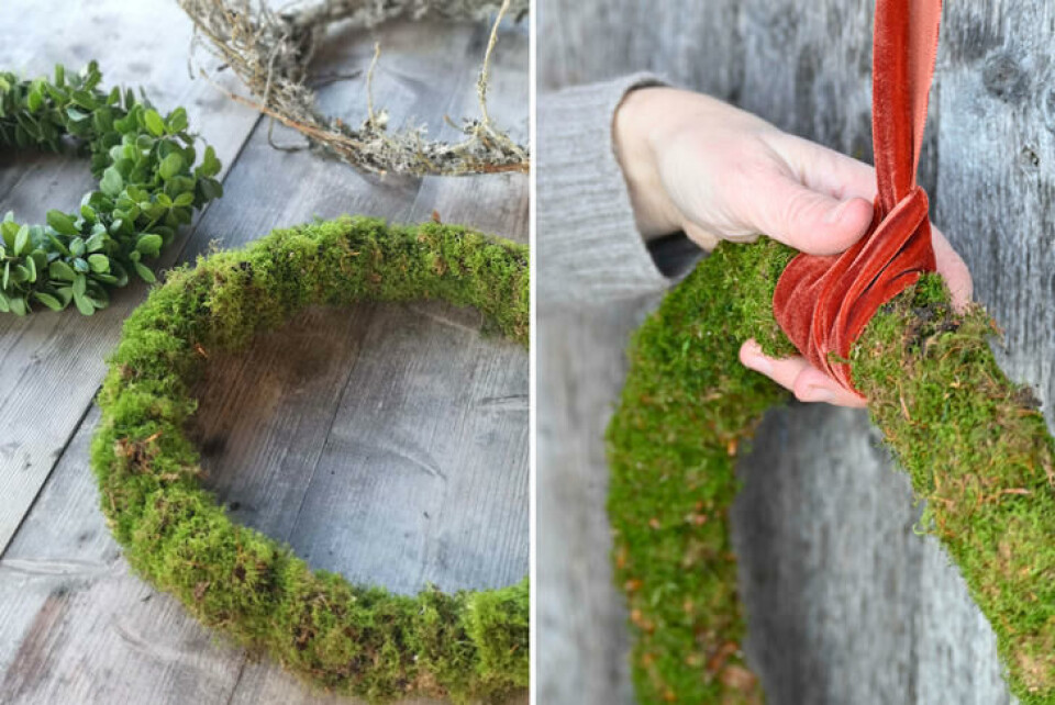 Bruk det du finner i skogen. Her har jeg brukt mose, tyttebærlyng og tørrgran. Myke fløyelsbånd passer fint til skogens kransematerialer.. Fotograf: Marthine Søyland Hoel. Krans av mose