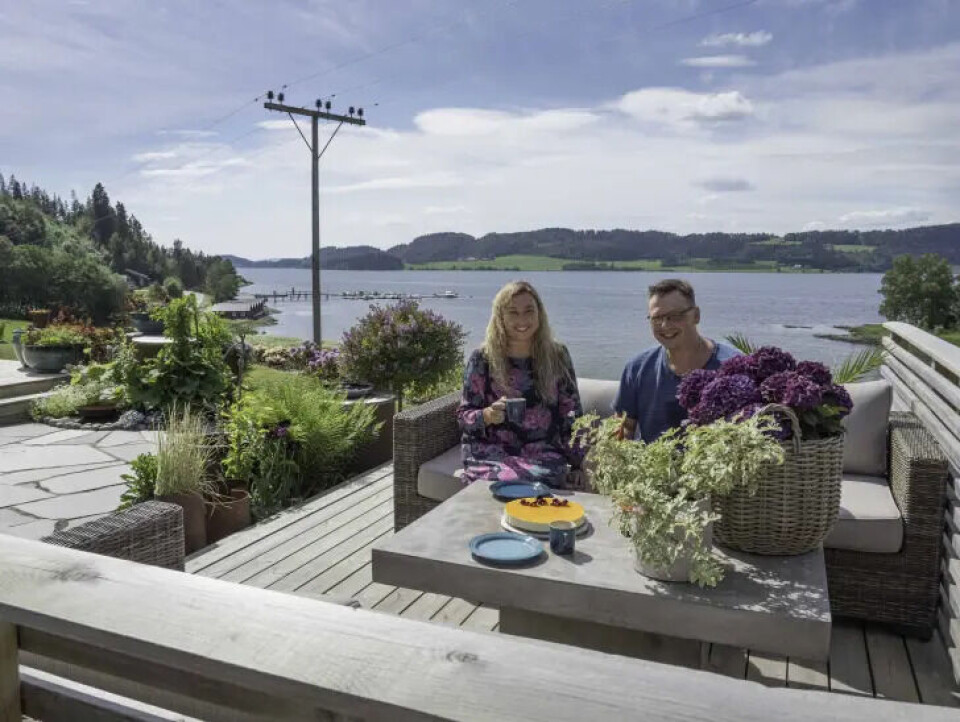 Hyttehagen med flott utsikt over Borgenfjorden, har Ann Kristin Selli og Anders Bjørgvik opparbeidet sammen. Skiferheller er lagt mellom to plattinger i tre og høydeforskjell har vært viktig. Plantene er samlet i grupper, der det er tatt hensyn til både høyde, form og farger.. Fotograf: Kari Kløvstad. Hyttehagen med flott utsikt over Borgenfjorden