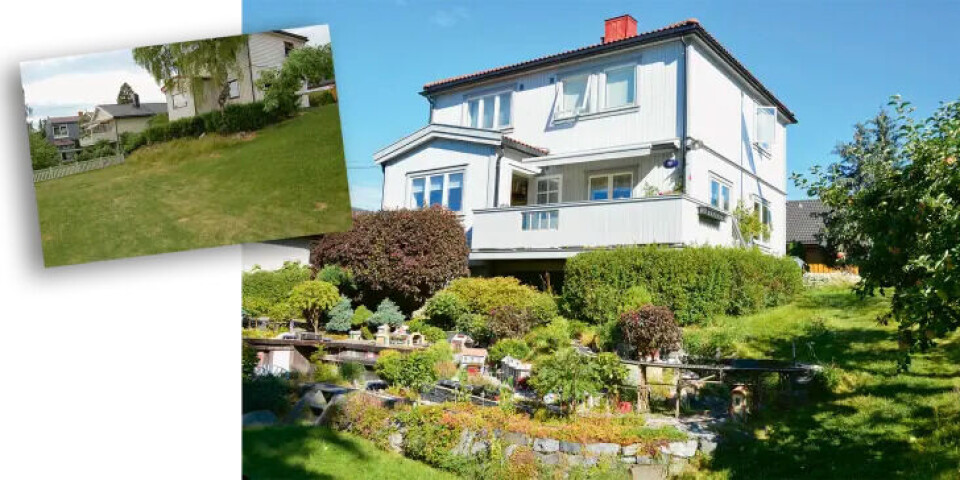 Før jernbanen ble bygget, var skråningen bare dekket av gress. I dag ligger det et eventyrland og skinner i fire nivåer her.. Fotograf: Marianne Utengen Før og etter-bilde av hagen