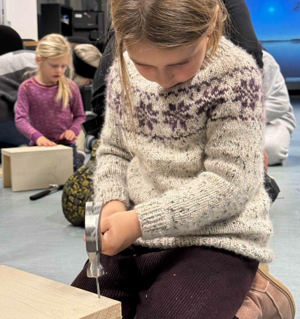 Filippa lager sin egen fuglekasse på fuglekasseverksted i regi av Hvaler hagelag.