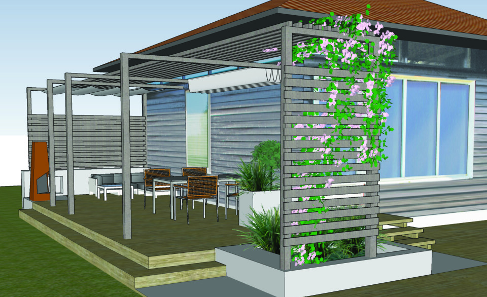 NETT Terrasse ett trinn ned fra trappens øverste repos gjør markterrassen mindre massiv.