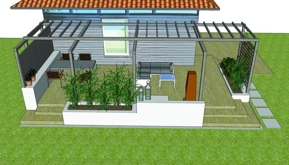 AVGRENSNING Med vegg mot nord, klatrevegg mot sør og en kombinert mur ved peisen, får uterommet en god avgrensning.